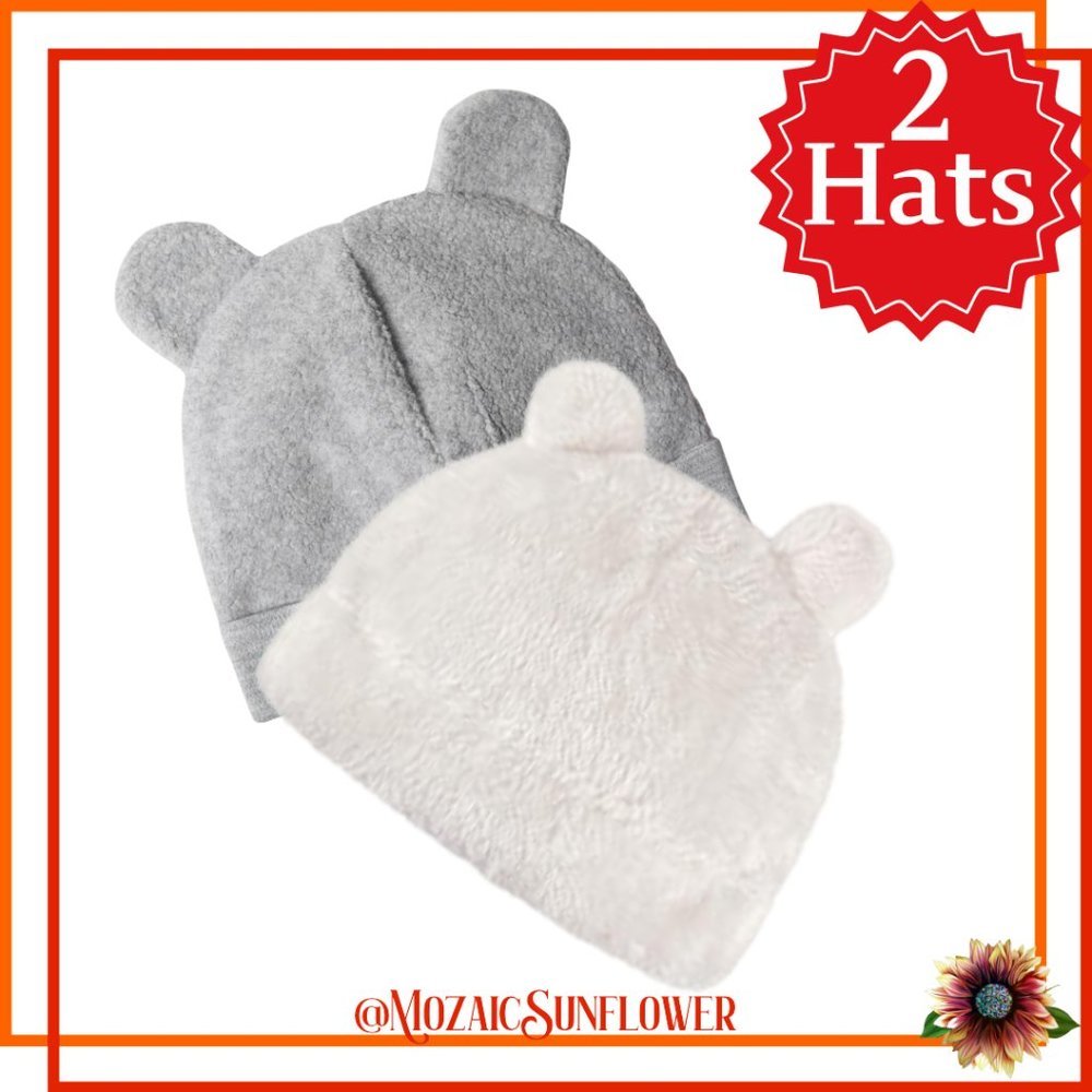 2 Soft Newborn/Infant Hats With Bear Ears NWT
